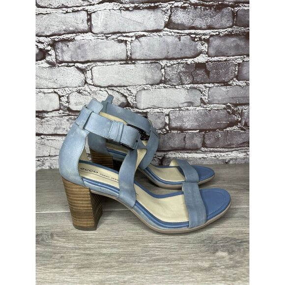 ECCO DANISH DESIGN Blue Leather Ankle Strappy Stacked Heel Sandals Women Sz 40EU - Picture 5 of 16